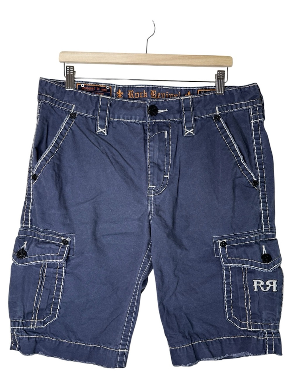 Rock Revival Classic Cargo Shorts Navy Blue Men's Size 33 Distressed